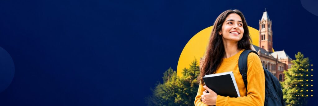 Student holding books in front of a university